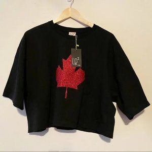 LB2 Black Cropped Tee with Red Glitter Maple Leaf Detail